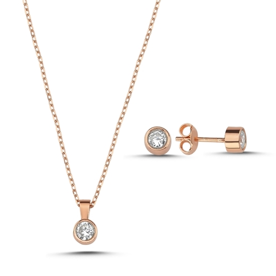 Ürün resmi: Rose Kaplama Tektaş 4mm Zirkon Taşlı Gümüş Bayan Set