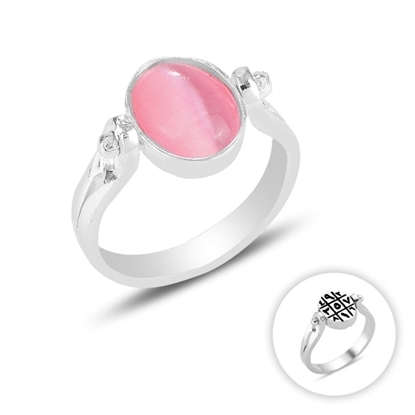 Resim Pembe Kedi Gözü Taşlı Çift Taraflı Ebced Gümüş Bayan Yüzük